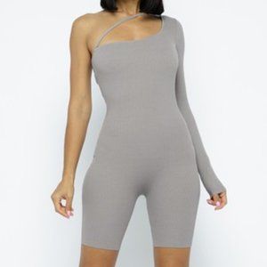 One Shoulder LongSleeve Stretch Ribbed Romper Gray